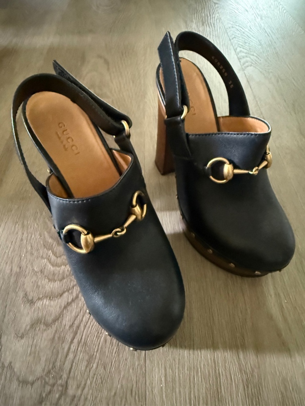 Gucci sling back black clogs heels